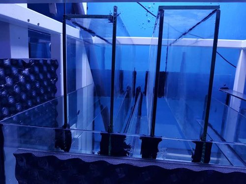 100 mm  bred, så ikke meget plads til at lege med, håber det er nok til enkel rengøring. Kommer at tage ud hele canvassen, derfor det var vigtigt at den kan bøjes.<br />Planen er 2*1000 liters pumper, men vi får at se om det er nok.