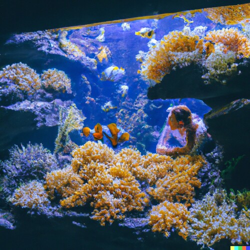 DALL·E 2023-01-19 12.12.01 - a photo of a female in swimsuit swimming in a seawater aquarium with live corals and clown fish.jpg