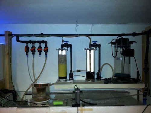 JJ nitratfilter, JJ fosfatfilter og en stor Deltec PF601S kalkreaktor. Sumpen på 400 L er lige under og isoleret så elmåleren ikke går amok.