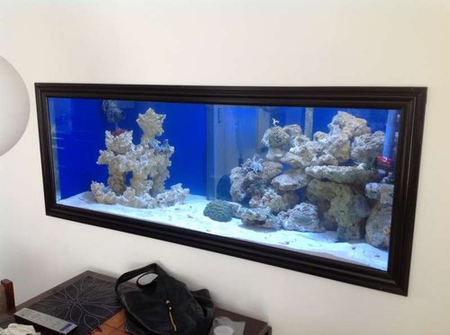 Opsætningen med ca 60kg LS i højre side, og en 50x50cm Reef keramik søjle i venstre side. Hele akvariet er på 720L